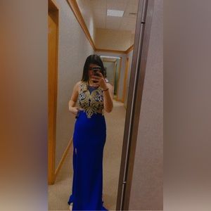 A long gold and royal blue dress